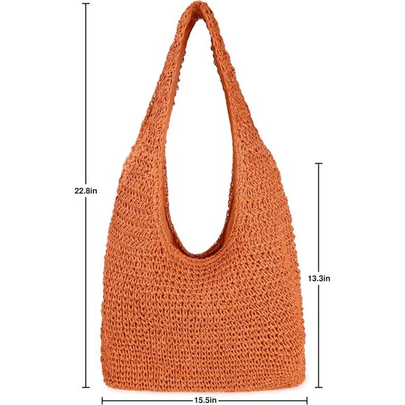 Women's Orange Large Straw Beach Bag Handmade Woven Shoulder Hobo Tote Handbag - Picture 5 of 5